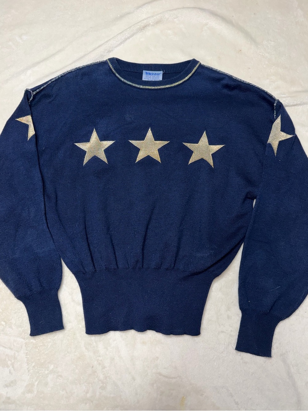 Vtg 80's Meister Women's Sweater, Navy and Gold Star Sweater Size L Wool Blend